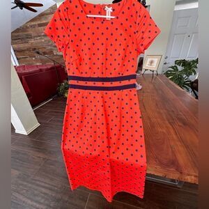 Downeast retro 60’s vibe red-orange and blue stripe  polkadot day dress EUC SZ S